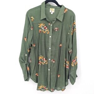 Fig and Flower Embroidered Top Womens Large Green Button Down Floral Cottagecore